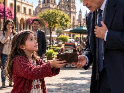 La niña de 8 años esperó casi 2 horas bajo la lluvia para devolverle la cartera a un millonario. Cuando él quiso recompensarla, ella dijo algo que lo dejó sin palabras.