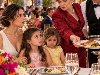 Mi suegra le quitó el salmón del plato a mi hija de 7 años en plena fiesta y dijo: —Ellas pueden comer lo que sobre. Mi hija me apretó la mano y susurró: —Mamá, ¿hicimos algo malo? Mi esposo solo me pidió que no arruinara la fiesta. Tomé a mis niñas y me fui sin discutir. 6 minutos después, las pantallas del restaurante revelaron quién había pagado realmente toda aquella celebración.
