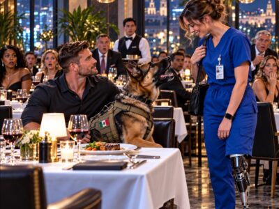 Un veterano Navy SEAL cenaba tranquilamente con su perro K9… hasta que una tímida enfermera susurró: «¿Puedo sentarme aquí?». Entonces, el perro ladró y ocurrió algo inesperado.