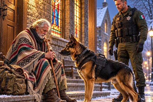 El perro K9 de un marine estadounidense se negó a abandonar a un anciano frente a una iglesia… hasta que descubrieron la increíble verdad que escondía aquel hombre. ¡Lo que ocurrió después dejó a todos sin palabras!