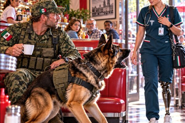 «¿PUEDO SENTARME CONTIGO?», preguntó una enfermera agotada a un Navy SEAL… pero cuando se acercó, su perro militar K9 comenzó a ladrarle desesperadamente. ¡Lo que el animal había reconocido en aquella misteriosa mujer dejó a todos completamente sin palabras!