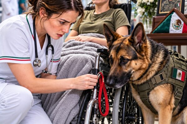 ¡DURANTE DOS AÑOS, EL PERRO MILITAR DE UN NAVY SEAL CAÍDO SE NEGÓ A SEPARARSE DE LA SILLA DE RUEDAS DE UNA MUJER, Y NADIE ENTENDÍA POR QUÉ… HASTA QUE UNA ENFERMERA OBSERVÓ UNA EXTRAÑA SEÑAL DEL K9! CUANDO DESCUBRIÓ LO QUE EL FIEL ANIMAL INTENTABA COMUNICAR, TODO EL HOSPITAL QUEDÓ SIN PALABRAS.