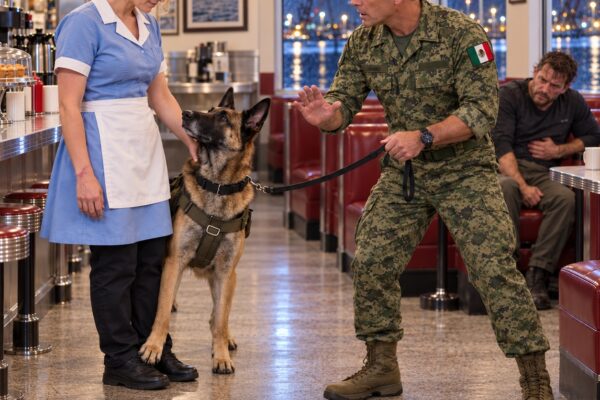 ¡EL PERRO MILITAR DE UN NAVY SEAL SE NEGÓ A SEPARARSE DE UNA HUMILDE MESERA… HASTA QUE EL COMANDANTE LE PREGUNTÓ SU NOMBRE EN CLAVE Y TODOS QUEDARON HELADOS!