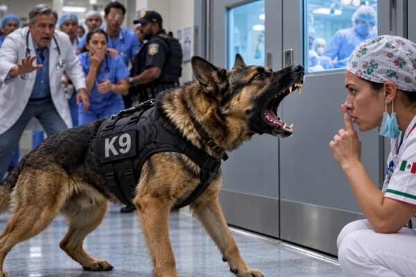 El perro militar bloqueó el quirófano… ¡hasta que una enfermera susurró un código secreto!