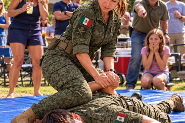Mi cuñado, un exsoldado de las Fuerzas Especiales de Estados Unidos, me arrastró hasta una colchoneta de entrenamiento frente a toda mi familia y se burló: «Voy a tratarte con cuidado. Después de todo, eres una mamá». Mi hermana me dijo que tuviera cuidado de no romperme una uña. Seis segundos después, él estaba boca abajo sobre la colchoneta… y un desconocido que estaba junto a la hielera se quedó completamente rígido antes de decir: «Esa mujer es una Marine Raider. Retírate».