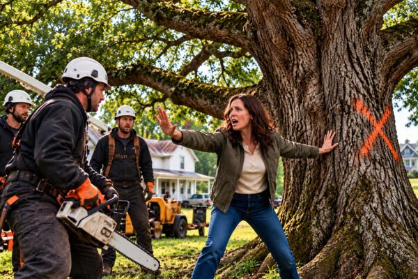 Intentaron talar el roble centenario de una madre soltera… pero lo que encontraron dentro del árbol dejó a todos sin palabras.