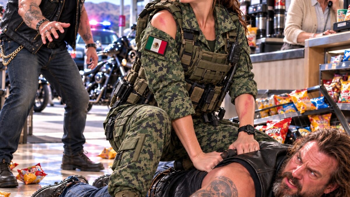 Una pandilla de motociclistas acorraló a mi madre de 68 años en nuestra gasolinera. Nadie se atrevió a intervenir. Su líder se burló de ella y destrozó el mostrador. Lo que no sabía era que yo había sido comandante de los Navy SEAL… y segundos después, toda su pandilla estaría suplicando clemencia.
